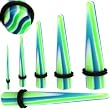 UV Expanders Green, White & Blue Color Curved Candy Taper with O Ring, 00g - Sold as a Pair