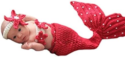 Liange Newborn Baby Photography Prop Crochet Knitted Red Mermaid Hairband Bra Tail Set