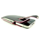 Apple iPhone 4 vertical Leather Holster Case with Scratch Resistant Interior and Easy Pull Tab - Black Faux with Pink Trim + Live * Laugh * Love VG Wrist Band!!!