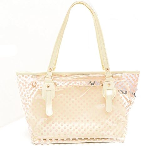 Clear Transparent PVC Zipper Polka Dot Women Lady Beach Carrying Handbag Carrier Tote Shoulder Bag (Beige)