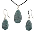 Blue Laugna Lace Flatdrop Shaped Pendant and Earrings Set - 13x22mm Pendant, 11x17mm Earrings - Adjustable Cord Necklace