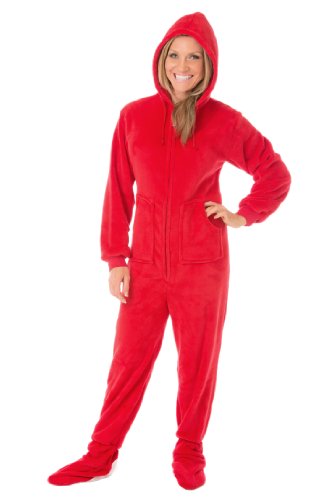 Hoodie Footed Onesie Red Plush Drop Seat Footed Pajamas with Butt Flap