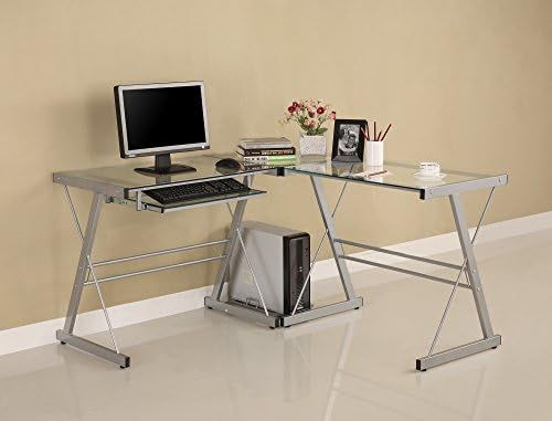 L-Shaped Corner Desk, 3-Piece Contemporary Desk, Multi - Silver with Clear Glass Top Modern Office Home Furniture Writing Computer Desks