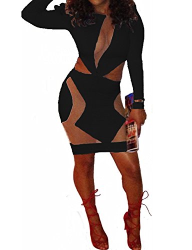 Pink Queen Womens Sexy Long Sleeve Semi-Sheer Mesh Backless Bodycon Dress Club Wear (M, Black)