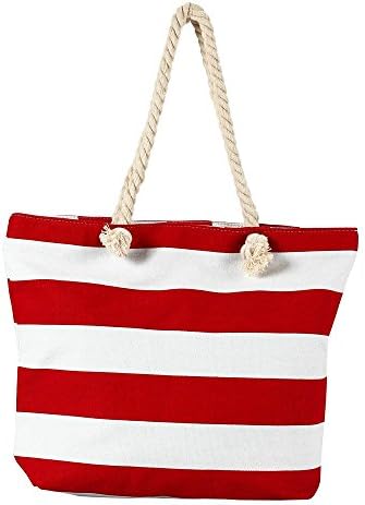 Beach Bag for Women, Sturdy and Roomy Shoulder Tote, Large, Stripe - Red