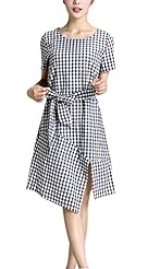 Round Neck  Vintage Slit Short Sleeves Plaid Print Cotton/Linen  Dress With a Bow(s)