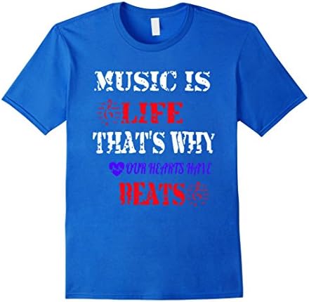 Men's Music Is Life That's Why Our Hearts Have Beats t shirt Medium Royal Blue
