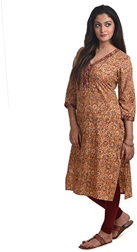 Chidiyaa Women's Kalamkari Block Printed Kurti With Potli Buttons L Orange