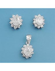 Sterling Silver Elegant Wreathed Design Oval Pendant and Earrings Jewelry Set with Clear CZ