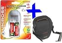 Uniross 4pcs High Capacity AA NiMh Rechargeable Batteries & Mains/ Car Chargers + Soft Case for Super Zoom Digital Cameras Fuji S4500 S4400 S4300 S4200 S4000 S3200 S2980 S2950 Canon SX1 Nikon L130 L120 L110