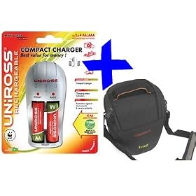 Uniross 4pcs High Capacity AA NiMh Rechargeable Batteries & Mains/ Car Chargers + Soft Case for Super Zoom Digital Cameras Fuji S4500 S4400 S4300 S4200 S4000 S3200 S2980 S2950 Canon SX1 Nikon L130 L120 L110