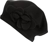 JABeret54262J Angora Wool Blend Fashion French Beret with Flower Accent - Black