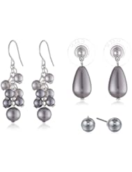 Grey Tonal Stud and Cluster Drop Simulated Pearl Trio Earrings