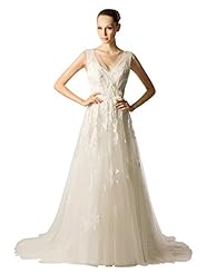 A-line V-neck Floral Print Sheer Lace Applique Beaded Vintage Tulle  Dress with a Court Train 