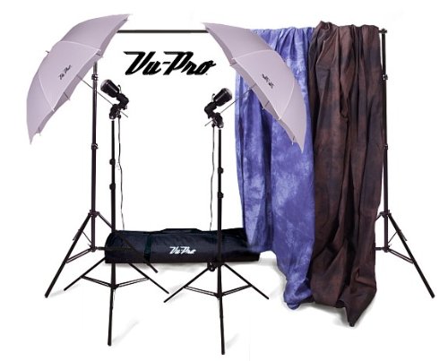 OWEN'S ORIGINALS VU-PRO COMPLETE HOME STUDIO PACKAGE#1. INCLUDES: 901 BACKDROP STAND W/CARRY CASE, 6X9 BELLAGIO MUSLIN BACKDROP, 6X9 BISCAY BLUE MUSLIN BACKGROUND, 2X V-45 STROBE PHOTOGRAPHY LIGHTS, 2X 33