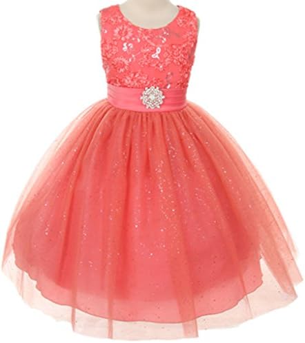 Floral Embroidered Sparkly Sequin Flower Girl Dress Pageant Bridesmaid Wedding Coral 2-14