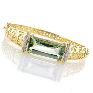 14K Yellow Gold 7.5 Mint Green Quartz, Pink Tourmaline Diamond Bangle by