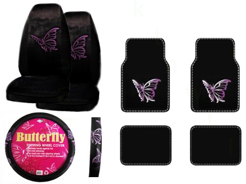 purple butterfly -A Set of 4 Universal Fit Plush Carpet Floor Mats and A Set of 2 Universal Fit Seat Covers and 1 Comfort Grip Steering Wheel Cover - Multiple Purple Butterflies