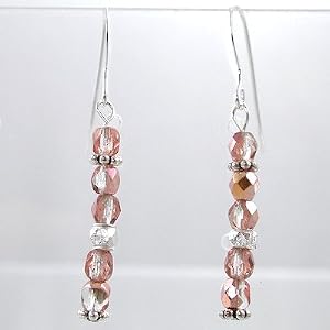 Pink Czechoslovakian Glass Bead and Sterling Silver Dangle Earrings, #9430