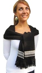 Handmade Pure Alpaca Natural Fiber WIDE Scarf - true Elegance in Classic Black w/ Stripes (Extra Wide)