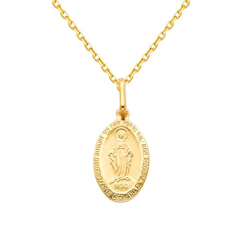 14K Yellow Gold Medium Religious Miraculous Mary Medal Charm Pendant with Yellow Gold 1.2mm Oval Angled Cut Rolo Cable Chain Necklace with Lobster Claw Clasp - Pendant Necklace Combination (Different Chain Lengths Available)
