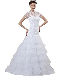 A-line High-Neck Dropped   Waistline Organza Lace Tiered Floor Length  Dress