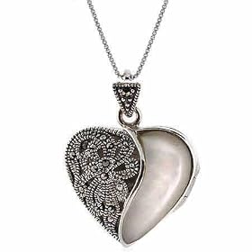 Sterling Silver Genuine Mother of Pearl and Marcasite Stone Heart Pendant by SilverSpeck.com
