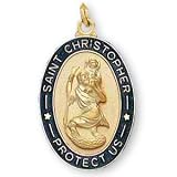 14K Gold Filled St Christopher Medal and Blue Inlay Border and 24-inch Chain