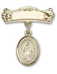 Gold Filled Baby Badge with Miraculous Charm and Arched Polished Badge Pin