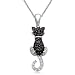 Sterling Silver and Round Black Spinel with Created White Sapphire Cat Pendant Necklace, 18"
