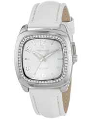 Peugeot Womens 304WT Silver-Tone Swarovski Crystal Accented White Leather Strap Watch