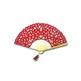 Battenburg Lace Fan with Tassel, Large Size in Red
