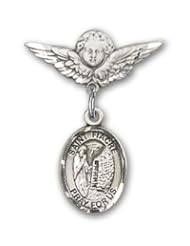 Sterling Silver Baby Badge with St. Fiacre Charm and Angel with Wings Badge Pin