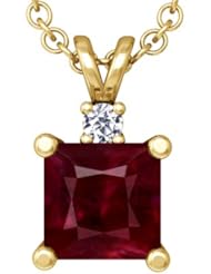 18K Yellow Gold Princess Cut Ruby And Round Diamond Pendant