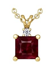 14K Yellow Gold Princess Cut Ruby And Round Diamond Pendant