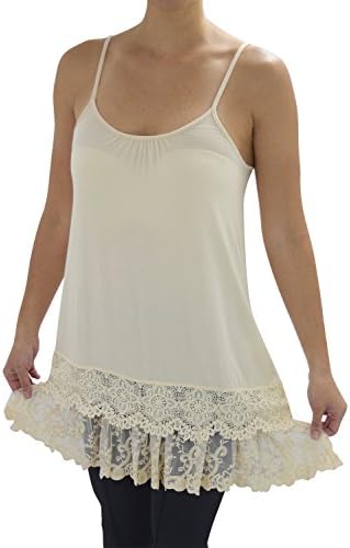 Solid Lovely Crochet Lace Layered Trim Crop Top Extender Cami Tank Top (S, Natural)