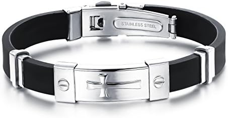 Geminis Fashion Jewelry Screw Printing Cross Pattern Stainless Steel Black Leather Men's Cuff Bracelet (White)