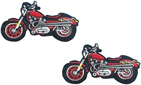 2 pieces Red MOTORCYCLE Iron On Patch Motor Bike Motif Applique Embroidered Decal 3.9 x 2 inches (9.8 x 5 cm)
