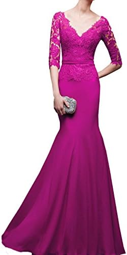 MENGFEIDA Women's Half Sleeve V-neck Mermaid Lace Backless Long Floor-length Evening Prom Dresses US 10 Fushia