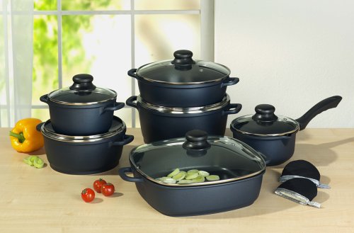 Karcher 112327 Kochtopf Set - hochwertiges 12-teiliges Aluguss Kochtopf Set mit Rechteckpfanne  - 3-fach Antihaftbeschichtung - blau