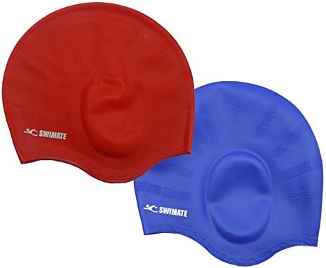 [2 PACK]Swimate Silicone Swim Cap with Comfort Ear Pockets-Unisex for Men and Women Including Long Hair Swimmers (Blue-Red)