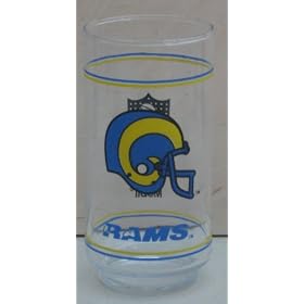 Collectible Clear Drinking Glass with letter LA RAMS in blue and picture of a blue and yellow football helmet on one side of glass with NFL and emblem on other side / letters Mobil under NFL - 16 oz - 5 3/4 inches tall x 2 2/3 inches in diameter