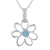 10K White Gold .005 ctw Diamond and Blue Topaz Flower Pendant