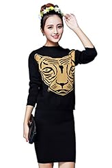 Cotton/Wool/Knit Tiger Print Sweater Long Sleeves Fitted Cocktail Above the Knee Bodycon Dress/Evening Dress/Party Dress/Midi Dress 