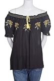 Ellison Smocked Fiesta Boat Neck Floral Embroidered Thread Detail Peasant Boho On Off Shoulder Blouse Top Black