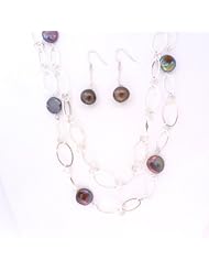 Dark-gray Coin Freshwater Pearls Necklace 44" and Earrings Set