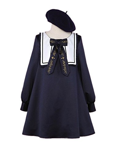 CBB レディース　【ネイビー　リボンクラシカルミニワンピース　Aライン　長袖　ワンピース、ベレー帽セット】紺　ロリータ　ゴスロリ　ゴシック　クリスマス　ミニ　わんぴ