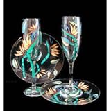 Bird of Paradise Design - Hand Painted - Matching Set of Toasting Flutes - 6 oz. & 7 inch Cake Plates