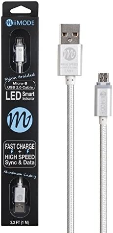 Premium Braided Micro USB High Speed Charge and Sync Cable with LED Indicator, Slim Fit Durable Aluminum Connector and Tangle Free Operation for Android Smartphones and Tablets, Samsung Galaxy S6 Edge Note, HTC, LG and more (Silver 3FT)