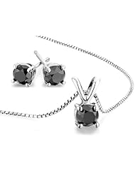 Black Diamond Solitaire Stud Earrings and Necklace Set 1.0 Carat (ctw) in Sterling Silver